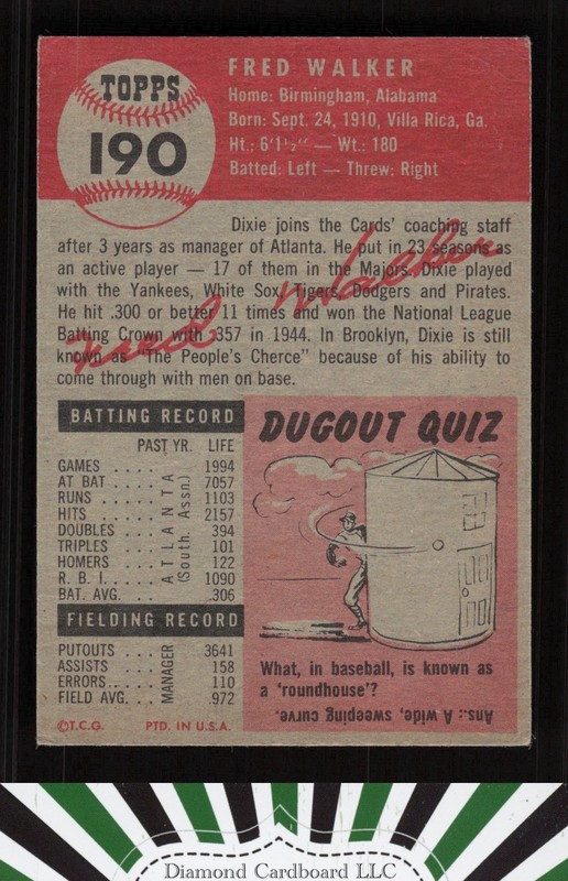 1953 Topps #190 Dixie Walker VG g, back