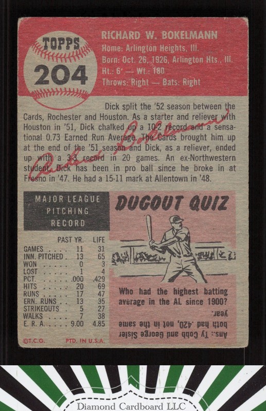 1953 Topps #204 Dick Bokelmann GD c, back