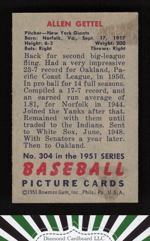 1951 Bowman #304 Allen Gettel VGEX+, back