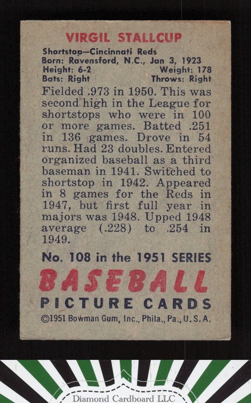 1951 Bowman #108 Virgil Stallcup VGEX, back