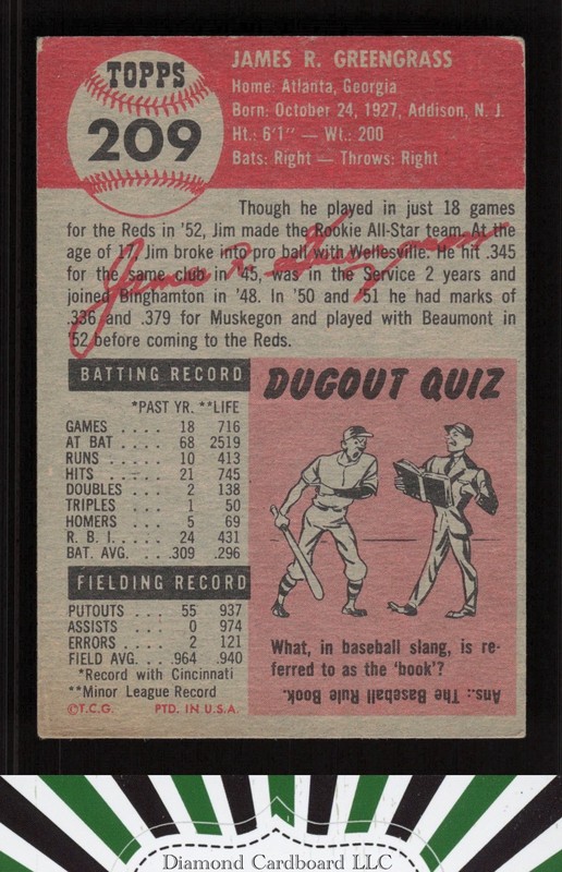 1953 Topps #209 Jim Greengrass VG g, back