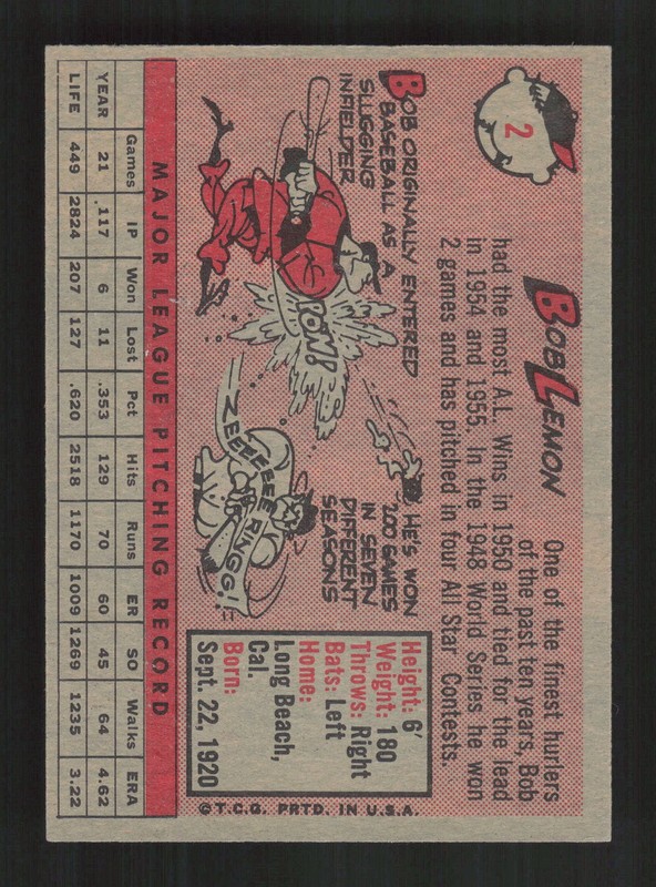 1958 Topps #2 Bob Lemon White Letters VGEX f, back