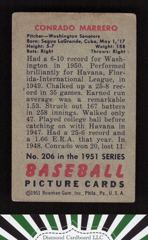 1951 Bowman #206 Connie Marrero GD+, back