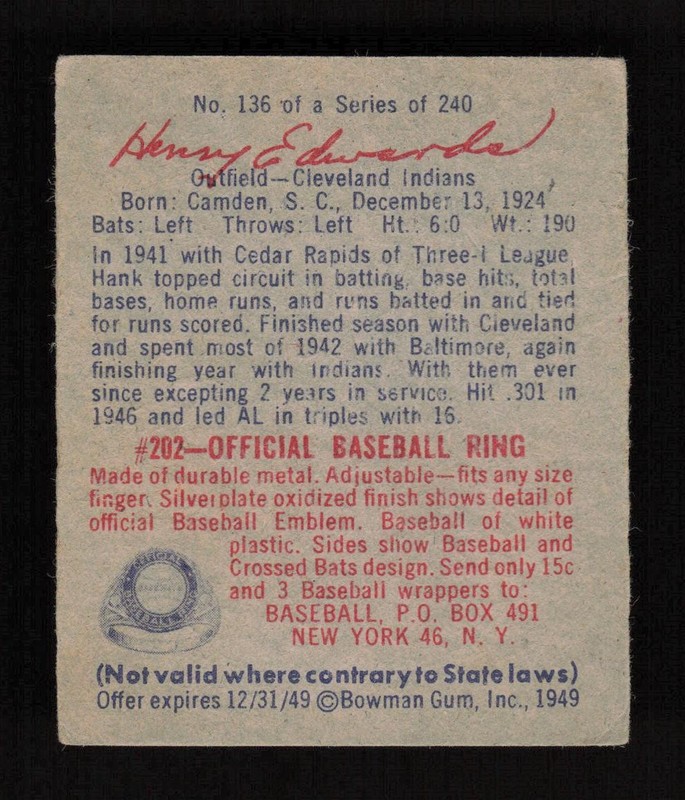 1949 Bowman #136 Henry "Hank" Edwards PR, back