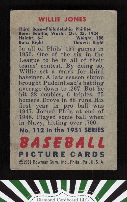 1951 Bowman #112 Willie Jones VG+, back