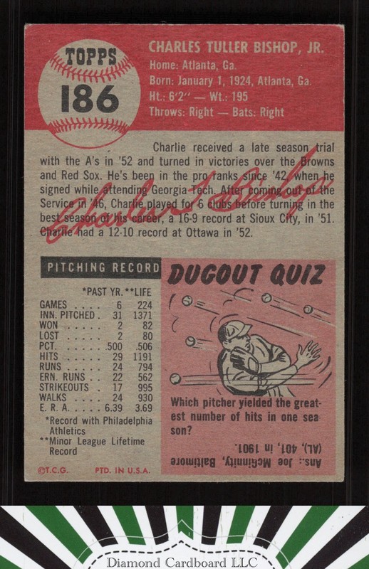 1953 Topps #186 Charlie Bishop VGEX g, back