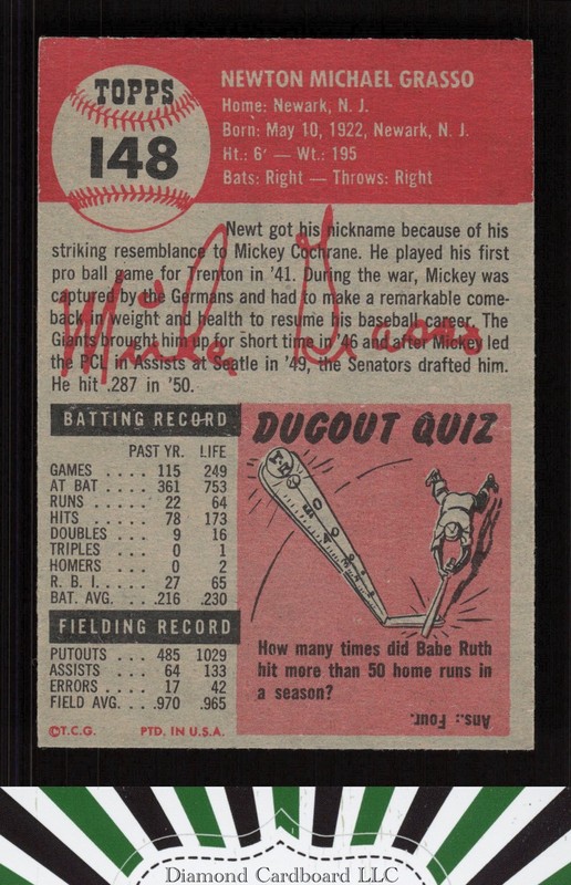 1953 Topps #148 Mickey Grasso : Bio uses white text NM g, back