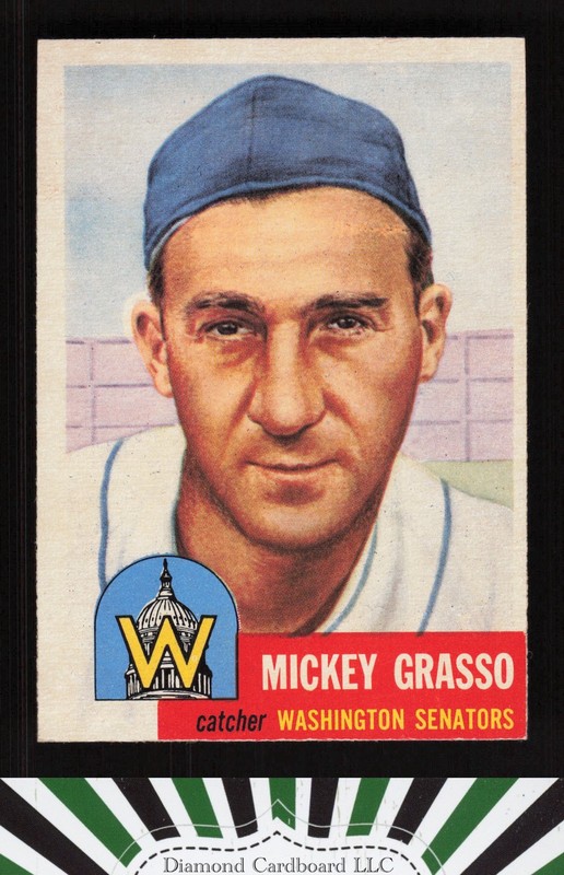 1953 Topps #148 Mickey Grasso : Bio uses white text NM g, front