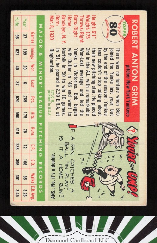 1955 Topps #80 Bob Grim VGEX g, back