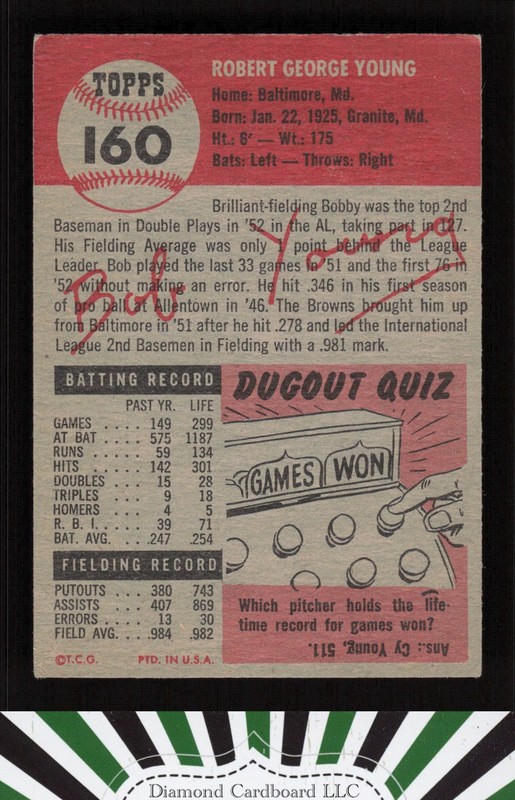 1953 Topps #160 Bobby Young : Bio uses black text VGEX h, back