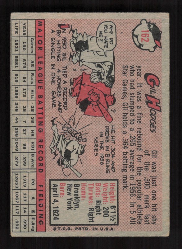 1958 Topps #162 Gil Hodges VG+ h, back