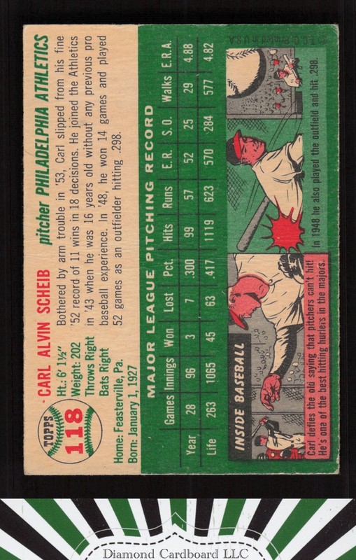 1954 Topps #118 Carl Scheib VGEX+ n, back