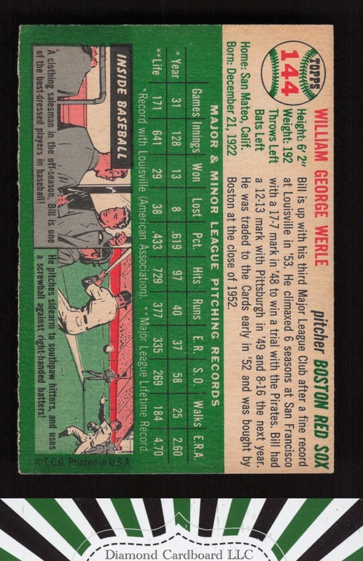1954 Topps #144 Bill Werle VGEX b, back