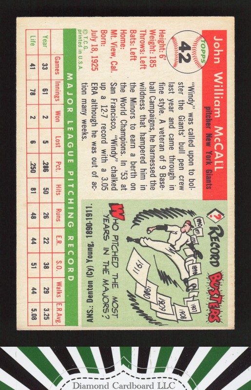 1955 Topps #42 Windy McCall VGEX+ k, back