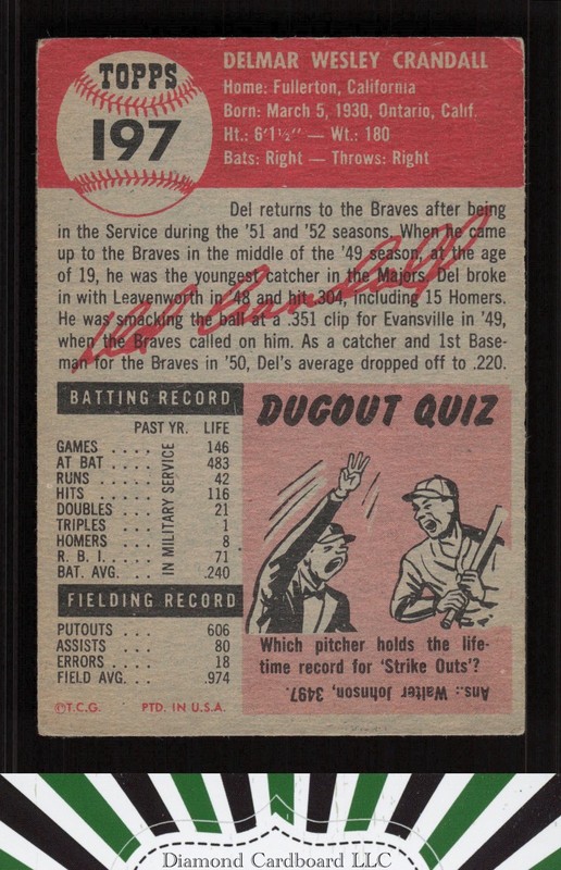 1953 Topps #197 Del Crandall VG d, back