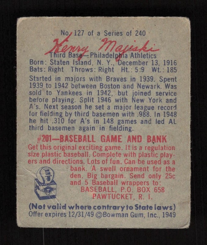 1949 Bowman #127a Henry "Heeney" Majeski Script Name GD+, back