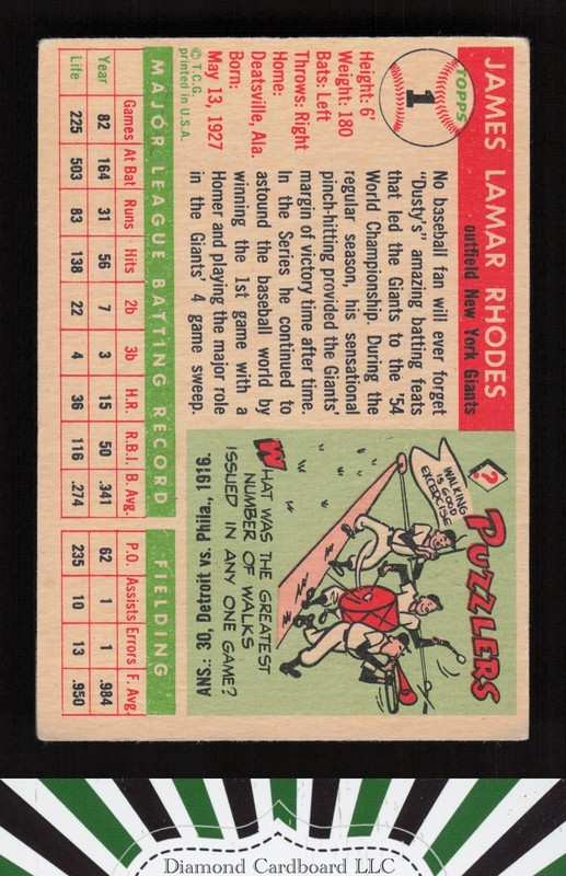 1955 Topps #1 Dusty Rhodes VG d, back