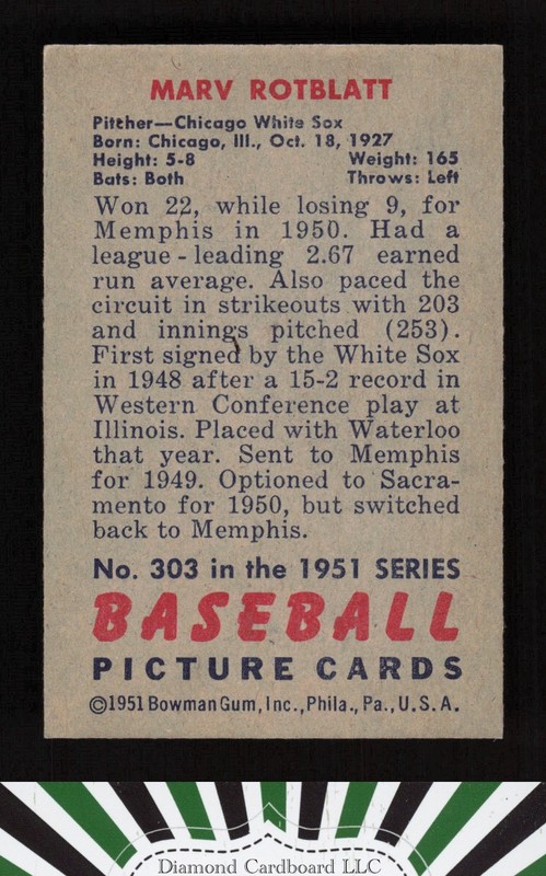 1951 Bowman #303 Marv Rotblatt EX, back