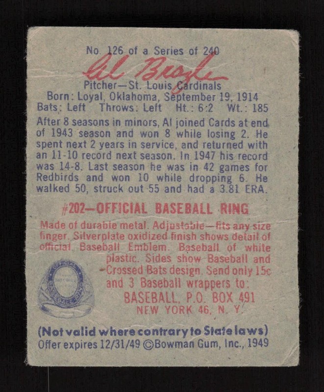 1949 Bowman #126 Al Brazle Script Name GD, back