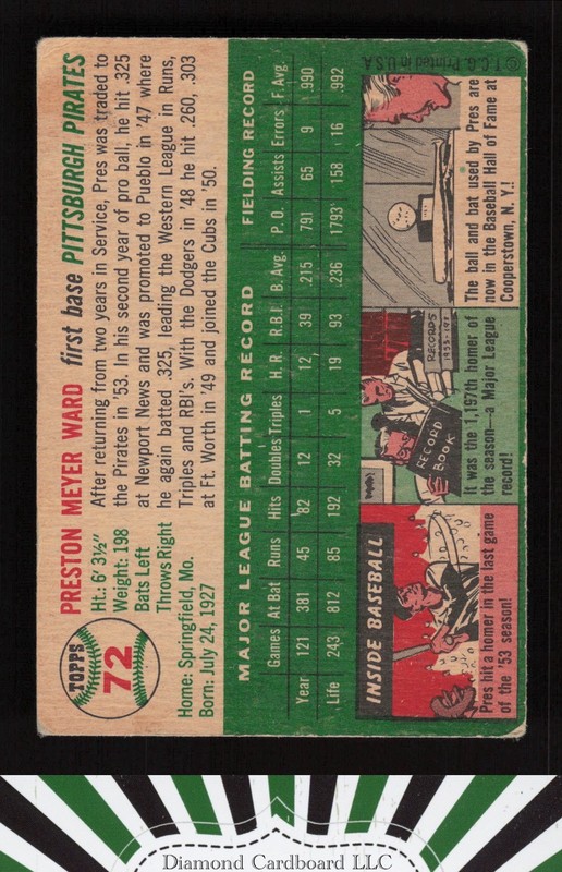 1954 Topps #72 Preston Ward GD k, back