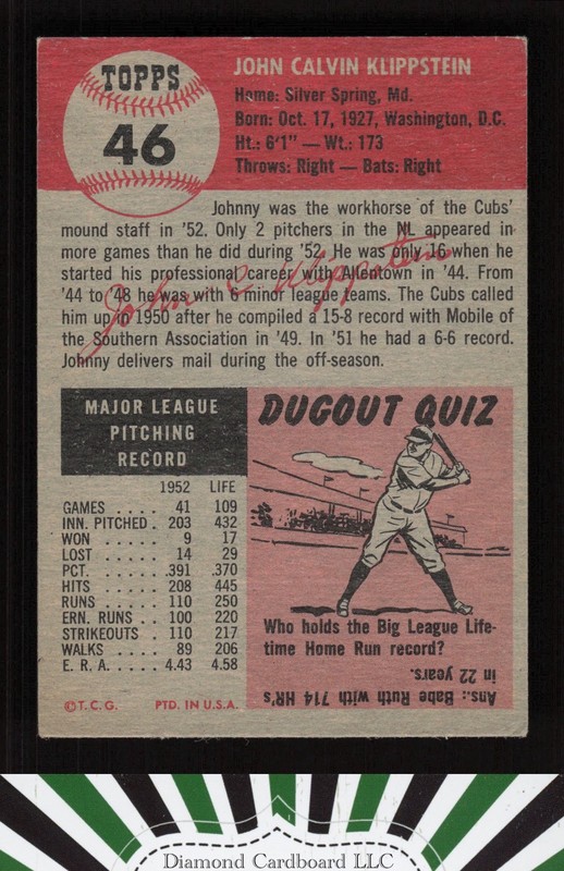 1953 Topps #46 Johnny Klippstein VG b, back