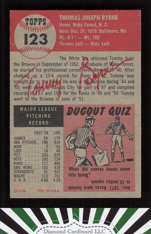 1953 Topps #123 Tommy Byrne : Bio uses white text VGEX+ g, back