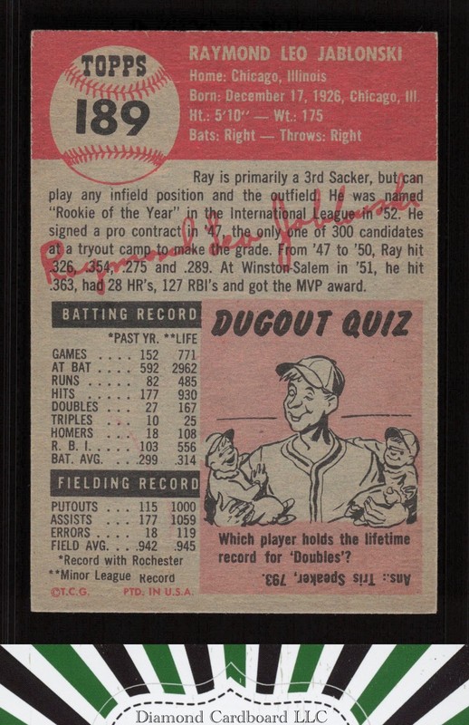 1953 Topps #189 Ray Jablonski EX e, back