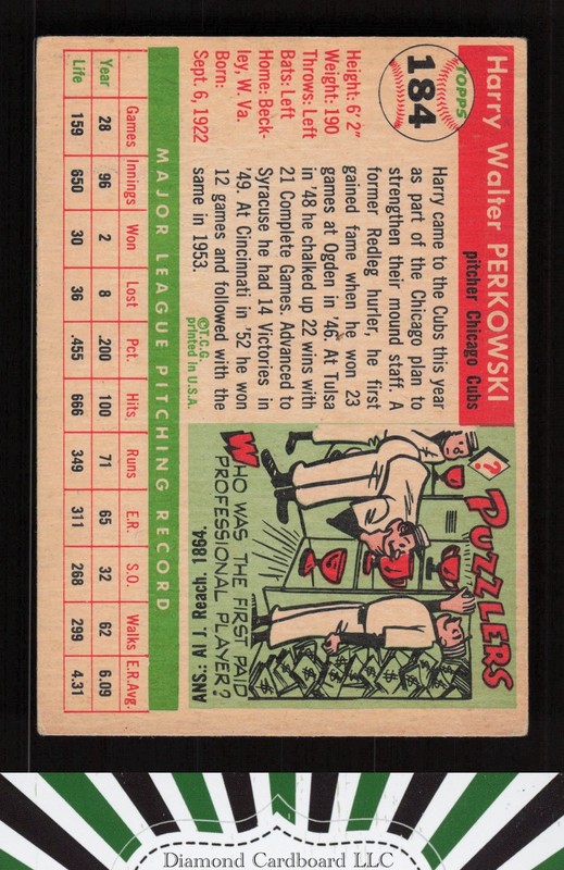 1955 Topps #184 Harry Perkowski VGEX d, back