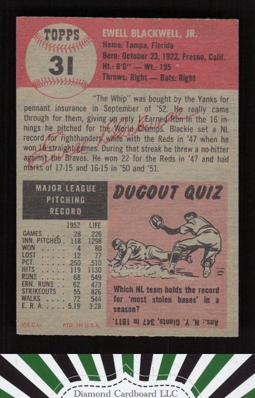 1953 Topps #31 Ewell Blackwell EXMT+ h, back