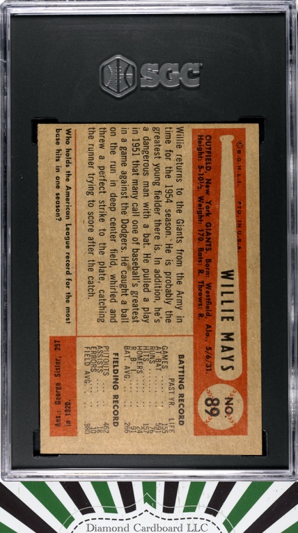 1954 Bowman #89 Willie Mays SGC 5.5, back