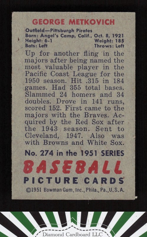 1951 Bowman #274 George Metkovich VGEX+, back