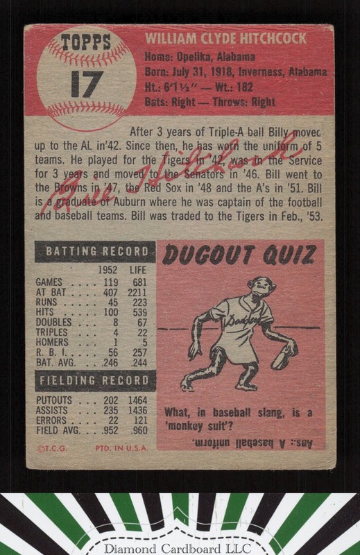 1953 Topps #17 Billy Hitchcock FR a, back