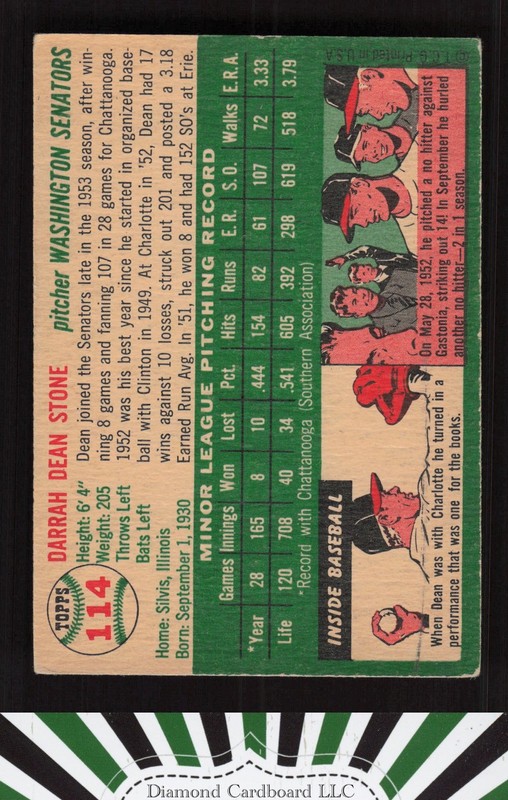 1954 Topps #114 Dean Stone VG m, back