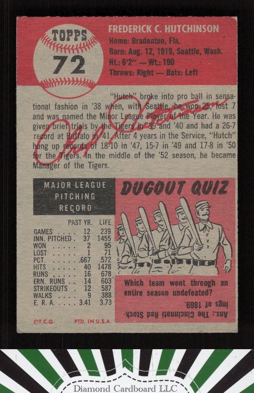 1953 Topps #72 Fred Hutchinson VGEX e, back