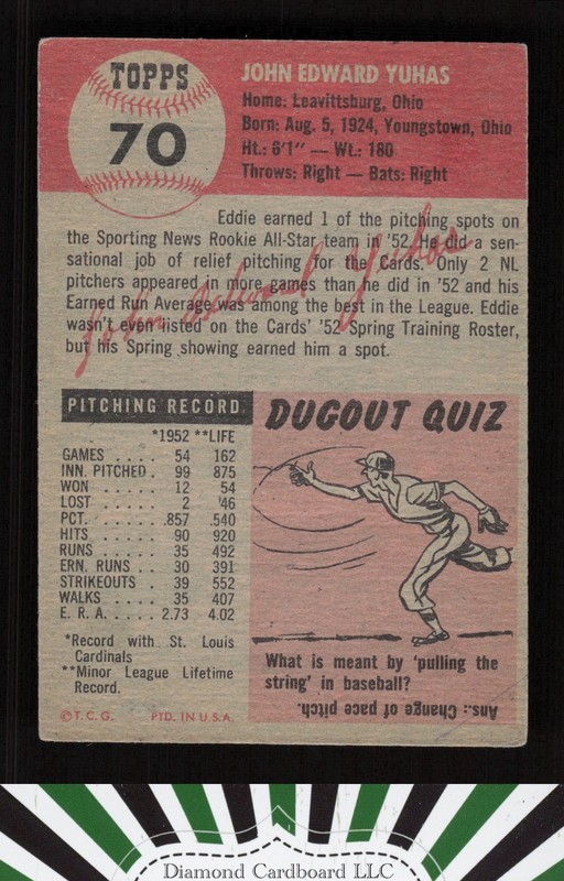 1953 Topps #70 Ed Yuhas VGEX a, back