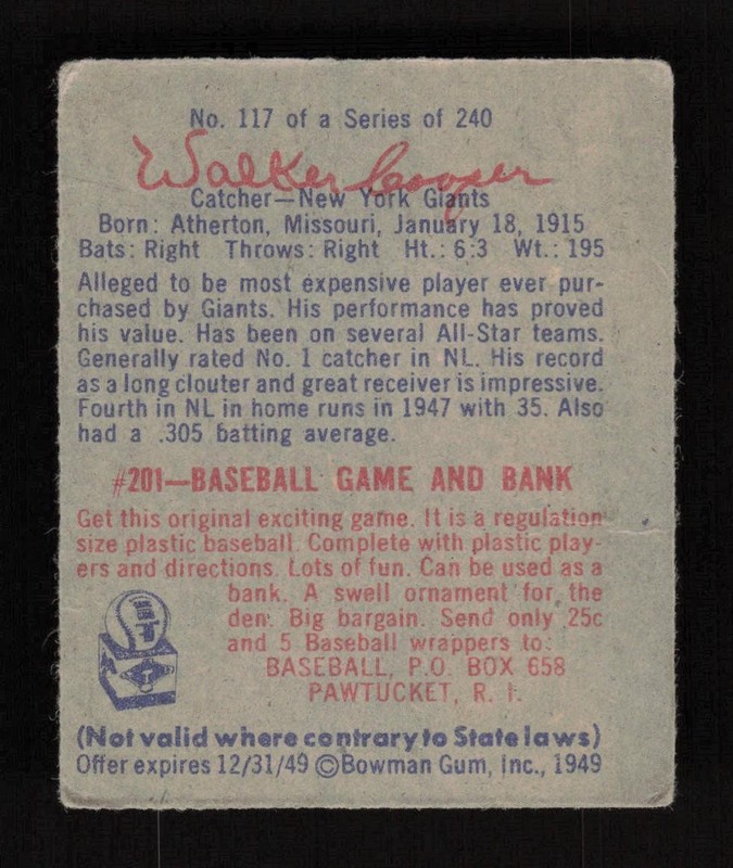 1949 Bowman #117 Walker Cooper VG, back