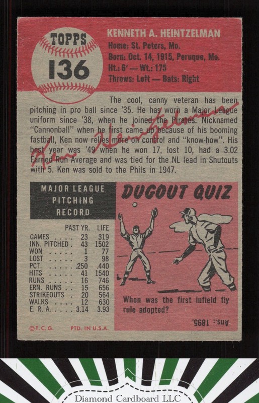 1953 Topps #136 Ken Heintzelman : Bio uses black text FR a, back