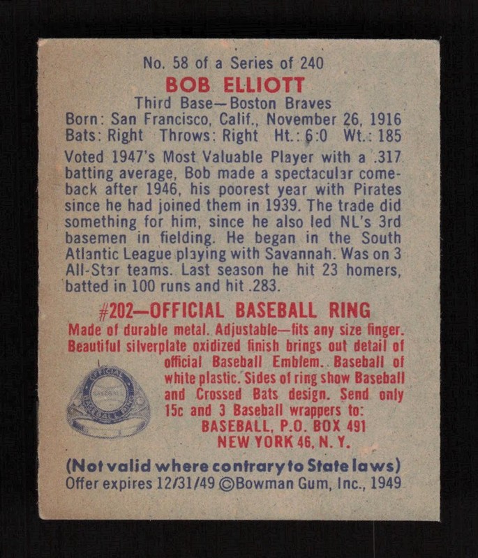 1949 Bowman #58 Bob Elliott VGEX, back