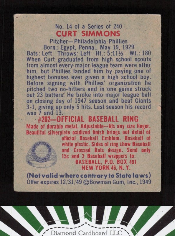 1949 Bowman #14 Curt Simmons VGEX+ [DEAD CENTERED] b, back