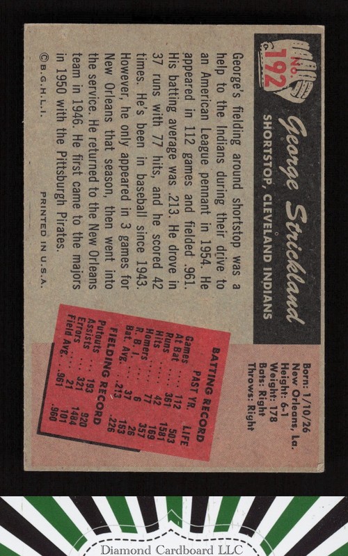 1955 Bowman #192 George Strickland VGEX, back