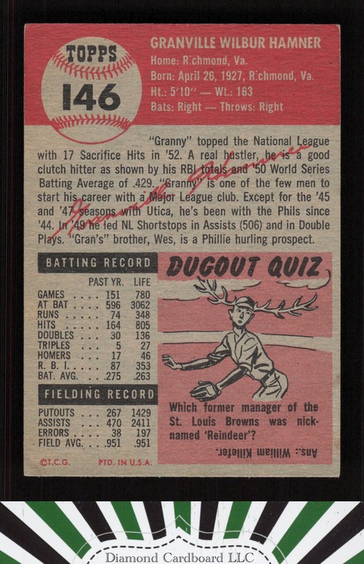 1953 Topps #146 Granny Hamner : Bio uses white text VG+ [CENTERED] e, back