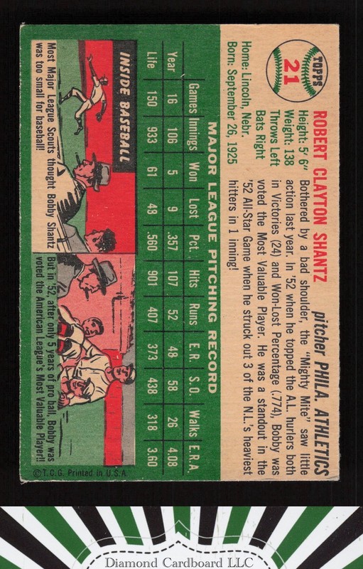1954 Topps #21 Bobby Shantz VGEX+ h, back