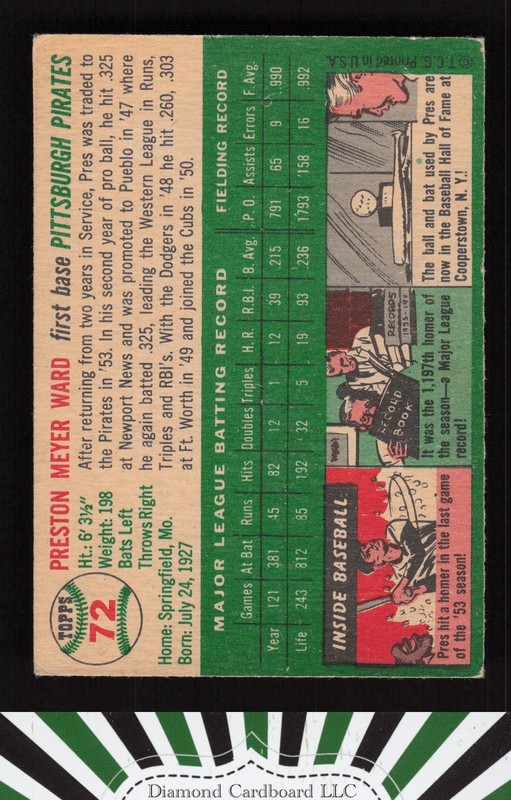 1954 Topps #72 Preston Ward VGEX n, back
