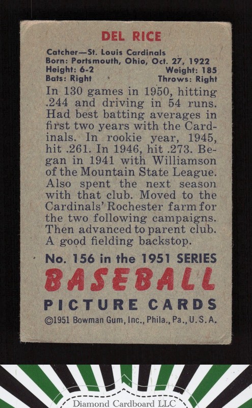 1951 Bowman #156 Del Rice VG+, back
