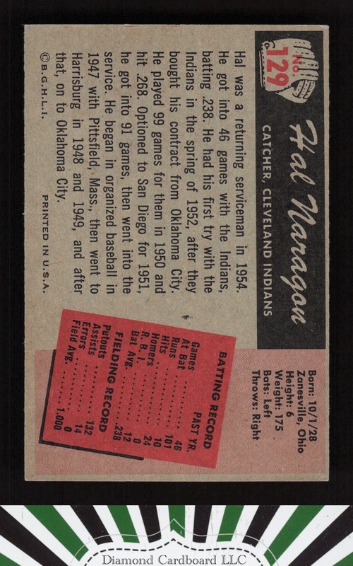 1955 Bowman #129 Hal Naragon EX, back