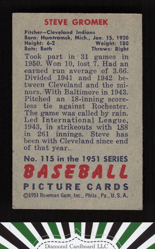1951 Bowman #115 Steve Gromek VGEX, back