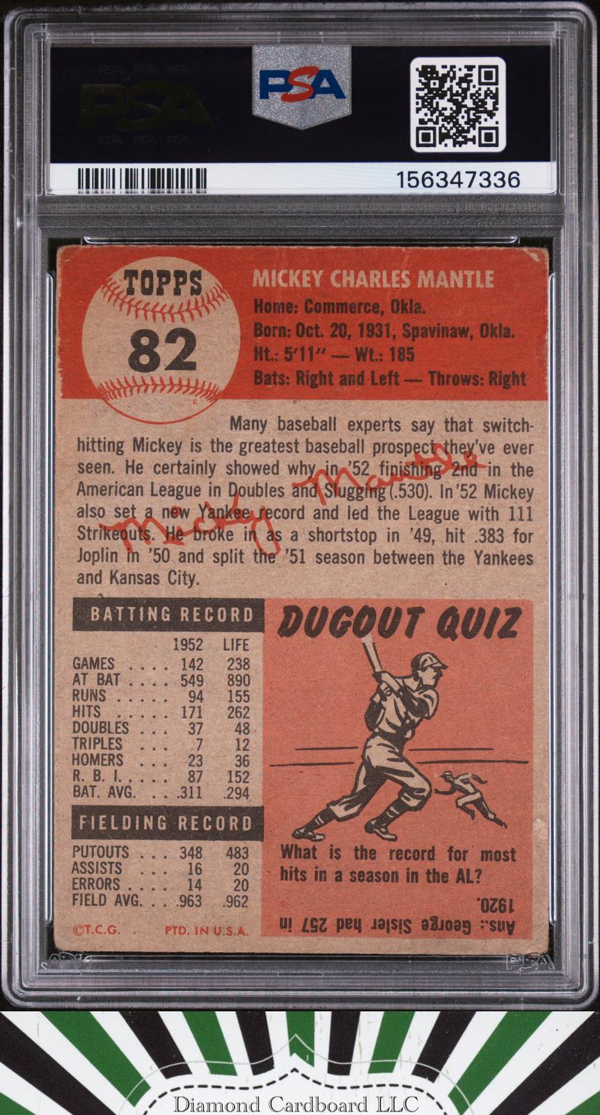 1953 Topps #82 Mickey Mantle PSA 1.5 [NICELY CENTERED], back