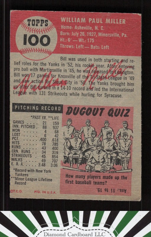 1953 Topps #100 Bill Miller : Bio uses white text GD c, back