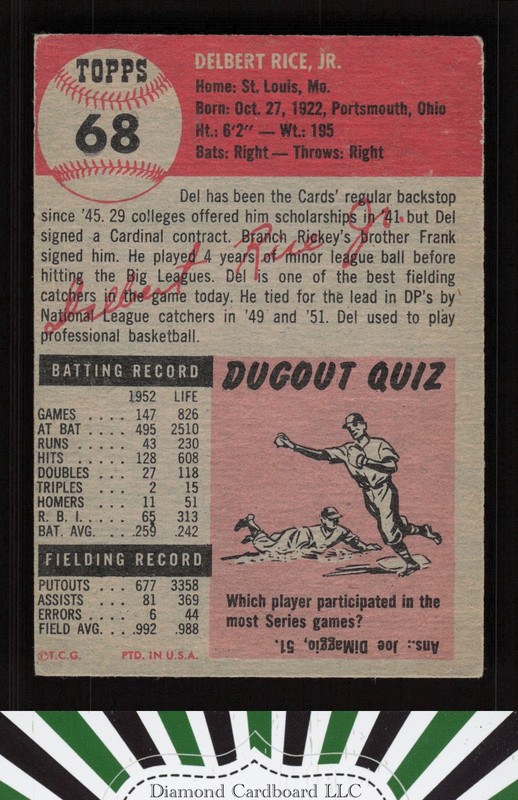 1953 Topps #68 Del Rice VG e, back