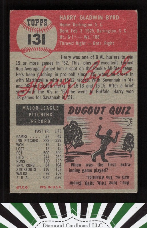 1953 Topps #131 Harry Byrd : Bio uses white text VG b, back